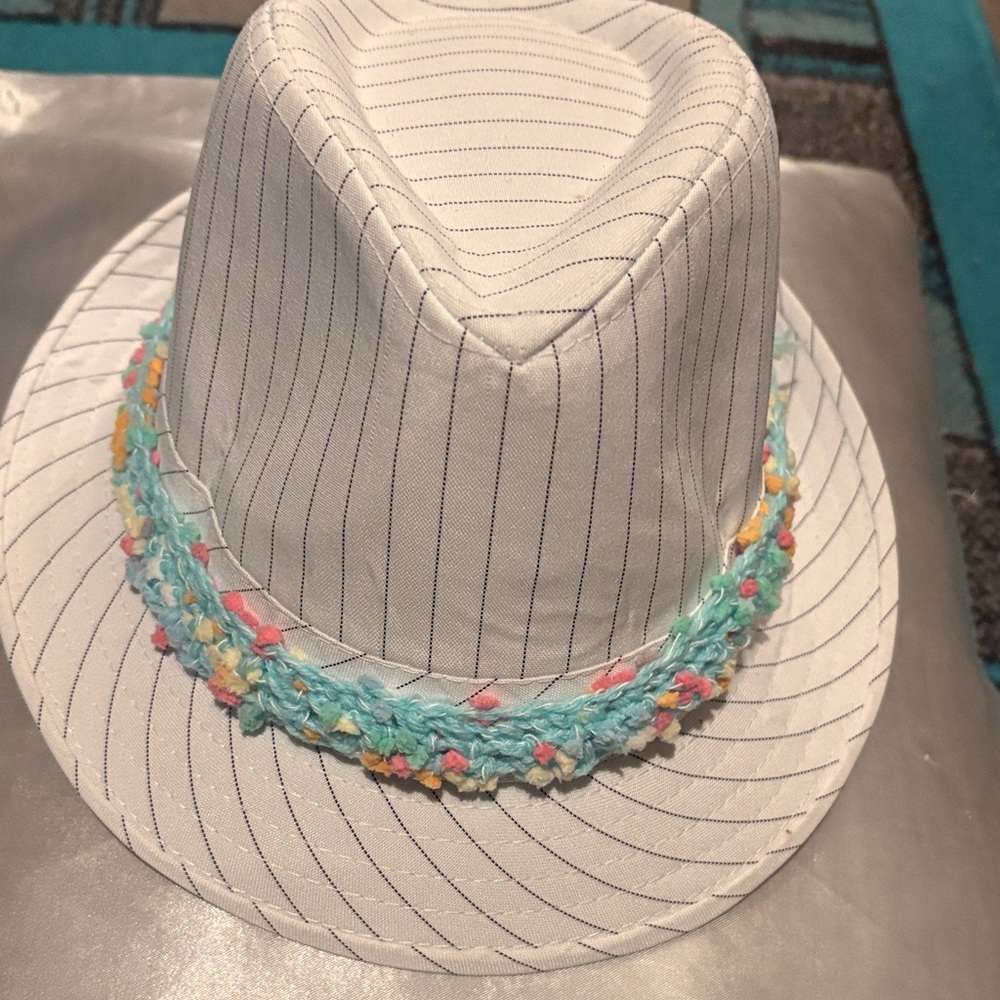 Striped White Fedora with Turquoise Crochet Band